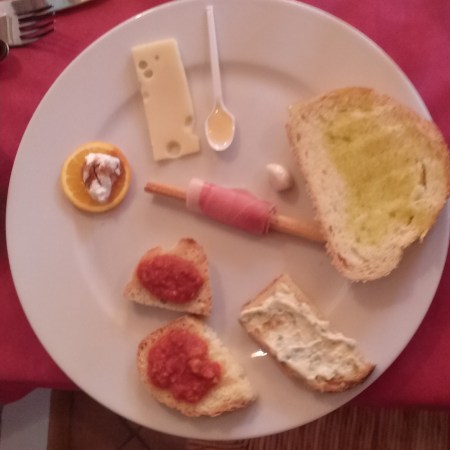 First course during wine tasting luncheon with Silvano and Rita of Casanova & sant' Agnese Farms in Sienna