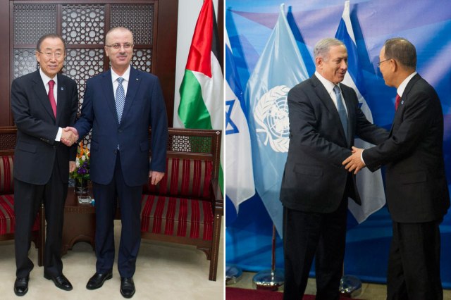 Secretary-General Ban Ki-moon meets with Prime Minister Rami Hamdallah of the State of Palestine (left) and with Israeli Prime Minister Benjamin Netanyahu (right). © UN Photo/Eskinder Debebe