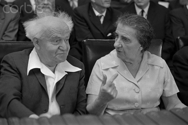 The two Israeli politicians, David Ben-Gurion and Golda Meir are seated at the Cabinet table in the Knesset. --- Image by © David Rubinger/CORBIS