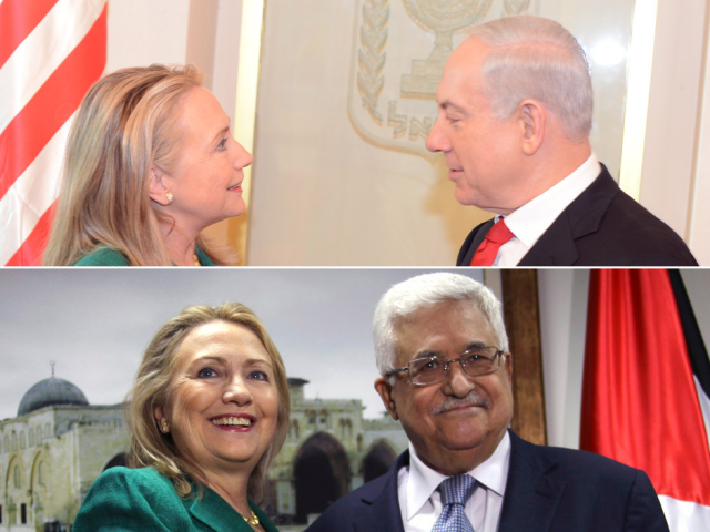 TOP-Hillary Clinton with Israeli PM Benjamin Netanyahu and BOTTOM with Palestinian PM Mahmoud Abbas
