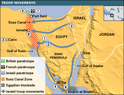 suez_warBritish and French attach Egypt to 'liberate' the Suez canal. Israel provided most of the manpower