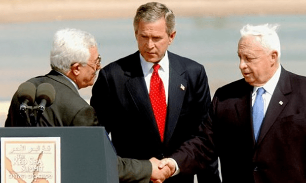 Palestinian leader, Mahmoud Abbas, President George Bush and Israeli PM Ariel Sharon