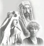 From left to right, T.E. Lawrence (Lawrence of Arabia), King Faisal I, originally King of Syria and then King of Iraq; Gertrude Bell, instrumental in drawing the original boundaries after WWI