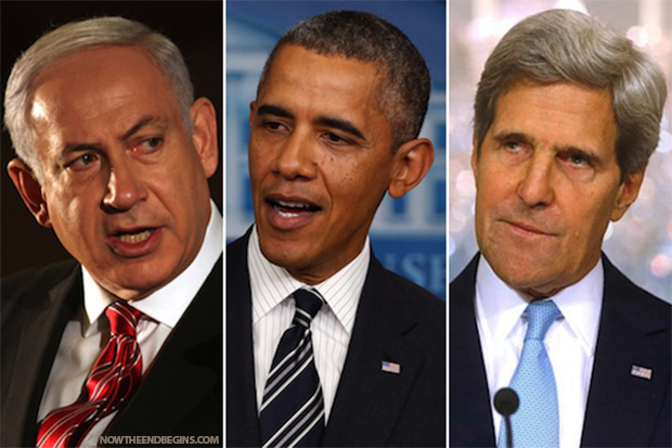 From left to right: PM Netanyahu, President Obama and Sec of State, John Kerry