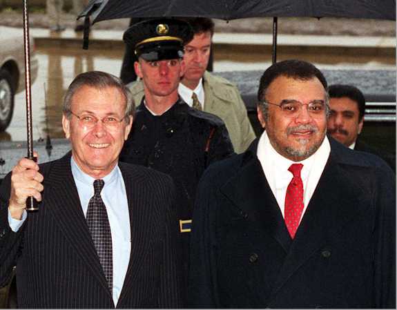 US Secretary of Defense Donald Rumsfeld from 2001-2006 and Saudi Prince Bandar bin Sultan, Head of Saudi Intelligence from 2012-2014 and previously Saudi Ambassador to US
