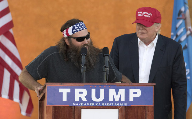 Willie Robertson speaks on behalf of Donald Trump in Oklahoma City. (AP Photo/J Pat Carter)