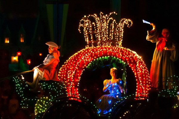 Cinderella, Disney's Electrical Parade (with Cinderella Castle in back), Magic Kingdom, Walt Disney World, Orlando, Florida USA