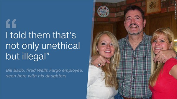 Bado called a Wells Fargo ethics line and sent an email to human resources in September 2013 to flag improper sales tactics. Eight days later, he was terminated for "tardiness."